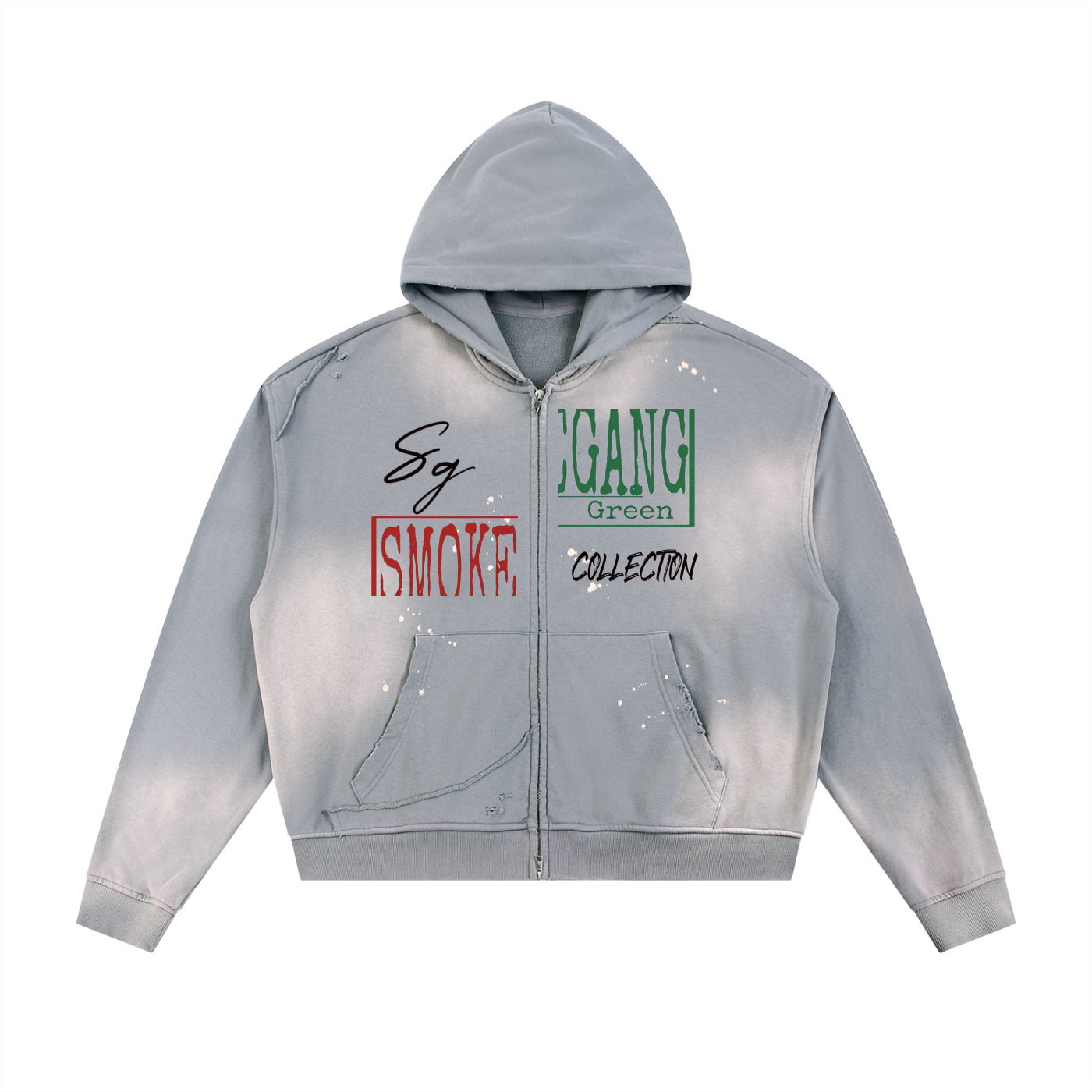 Sun Fade Frayed Raw Edge Fleece Zip Hoodie