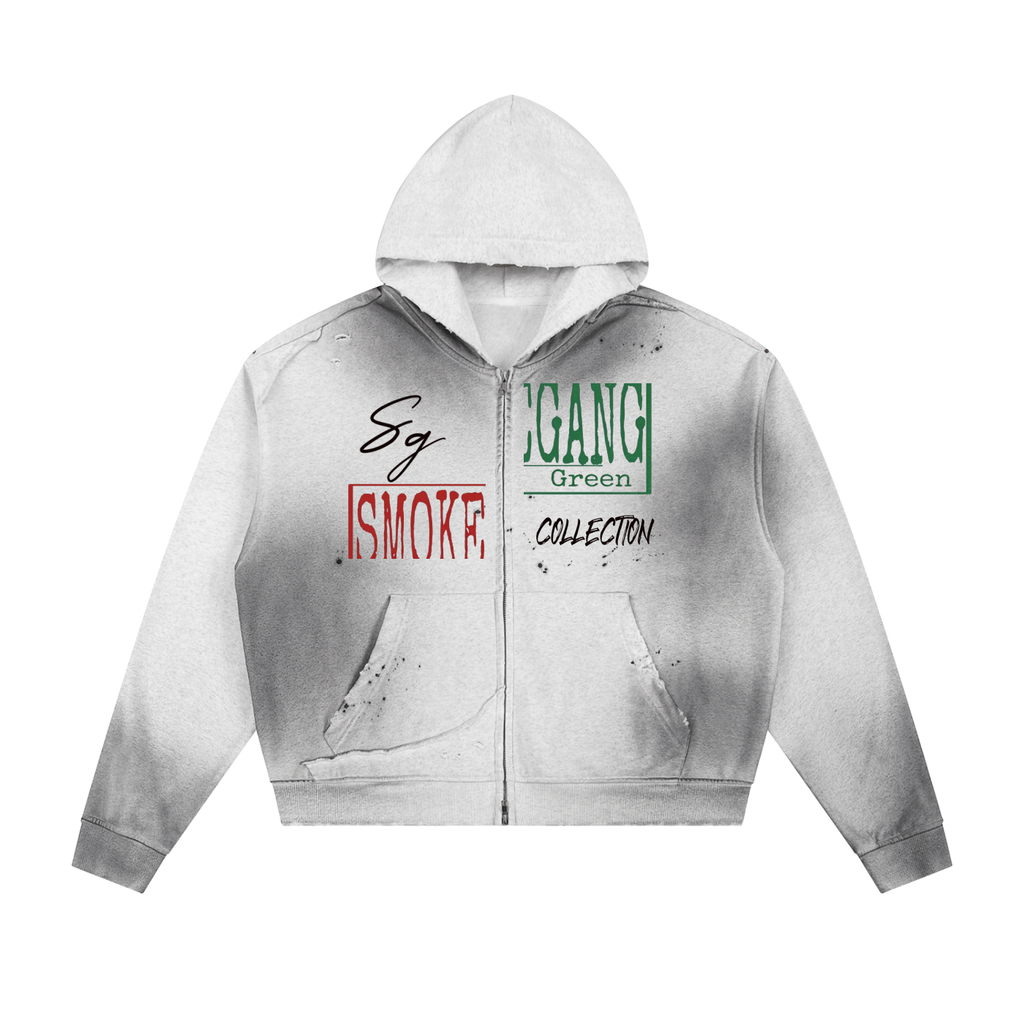 Sun Fade Frayed Raw Edge Fleece Zip Hoodie